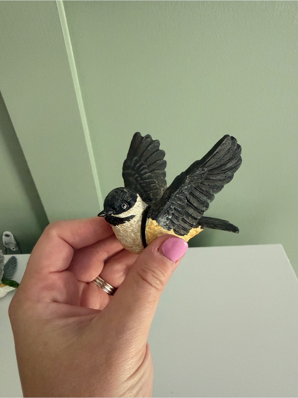 Chickadee Bird Figurine, Black & White with Yellow Accents Resin, Magnetic 2pc